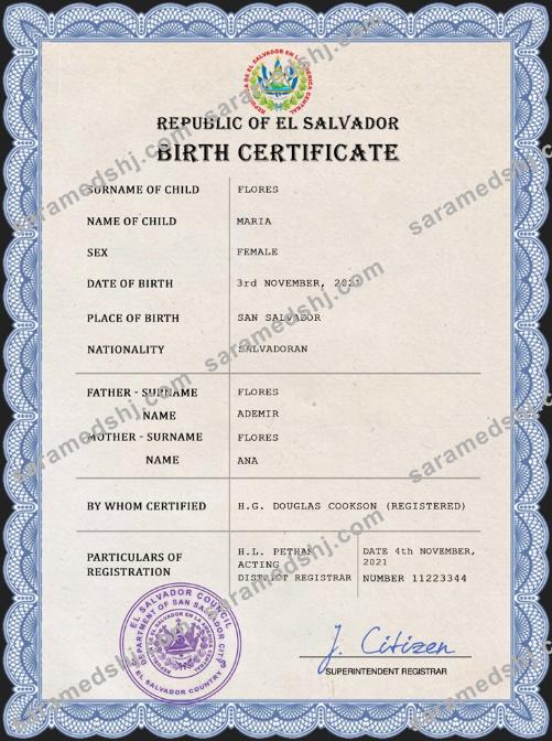 El Salvador vital record birth certificate PSD template